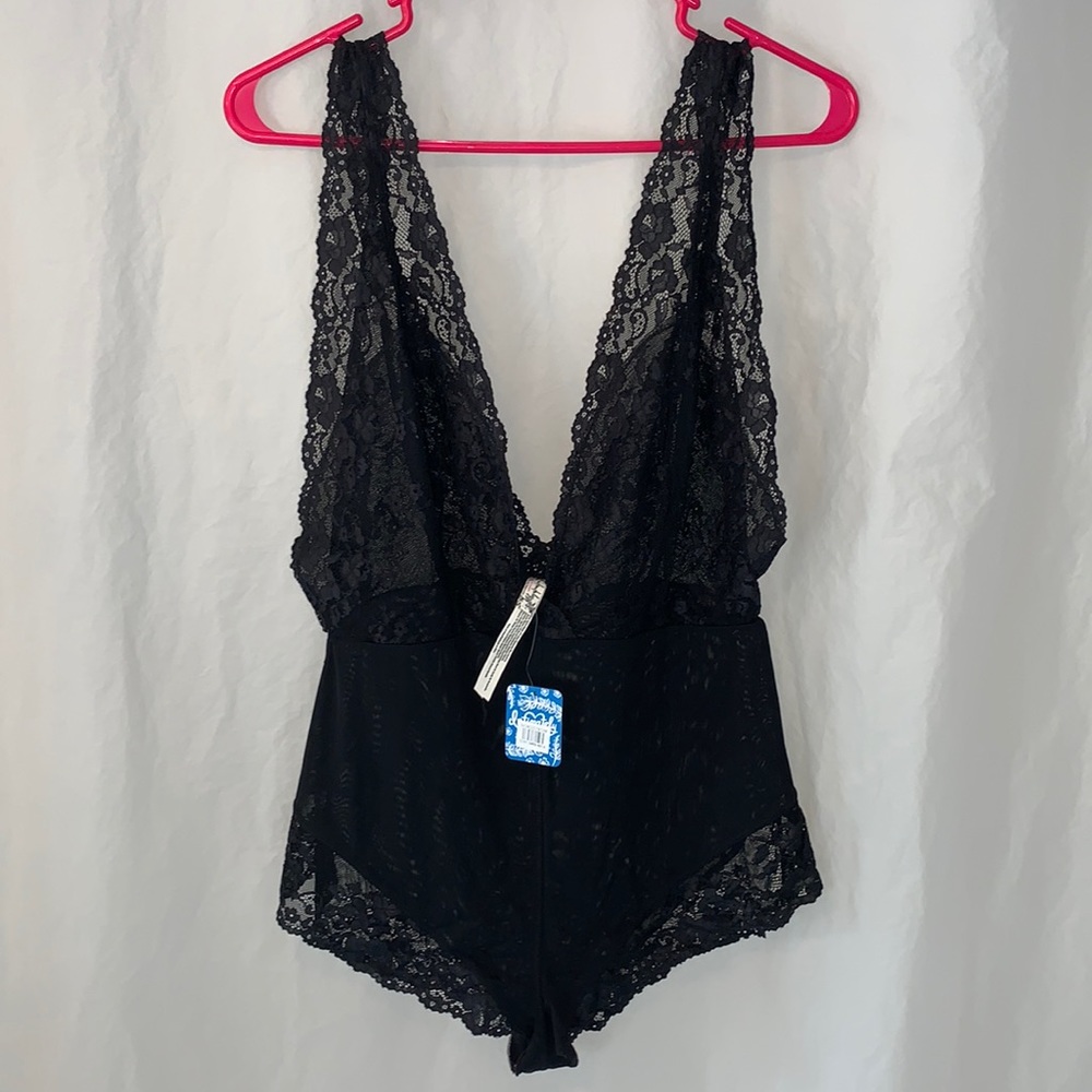 NWT L Free People Black Sheer Lace Bodysuit